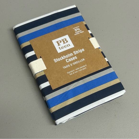 Pottery Barn Stockholm Stripe Set of 2 Pillow Cases Blue Gray White Navy NWT NEW - Picture 1 of 5